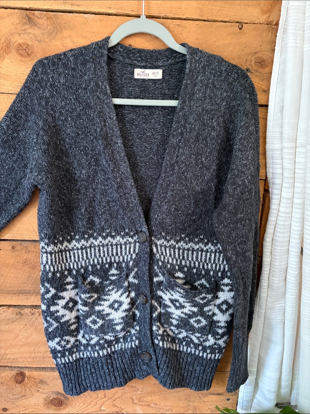 Hollister Charcoal and Cream Fair Isle Button-Front Cardigan